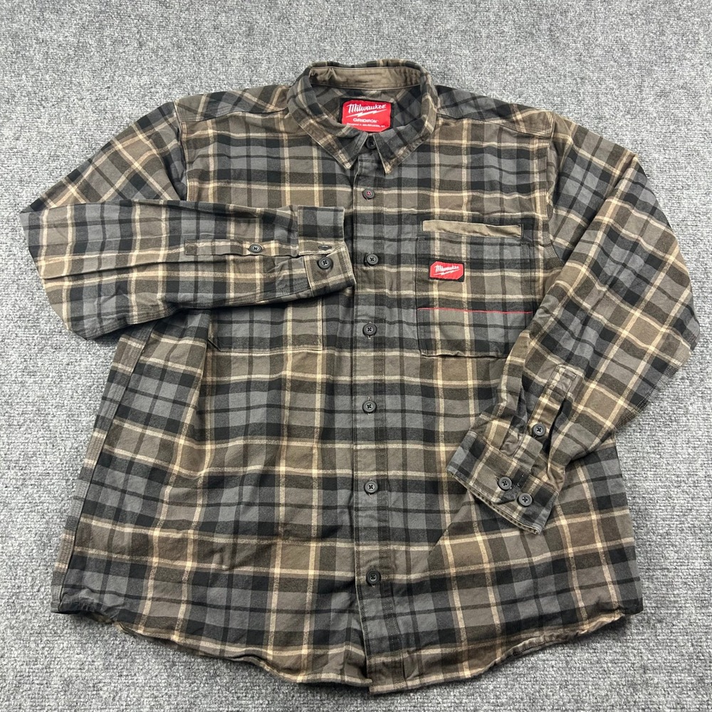 Milwaukee Gridiron Shirt Mens XL Brown Plaid Flannel Workwear Button Up Logo - Picture 2 of 6